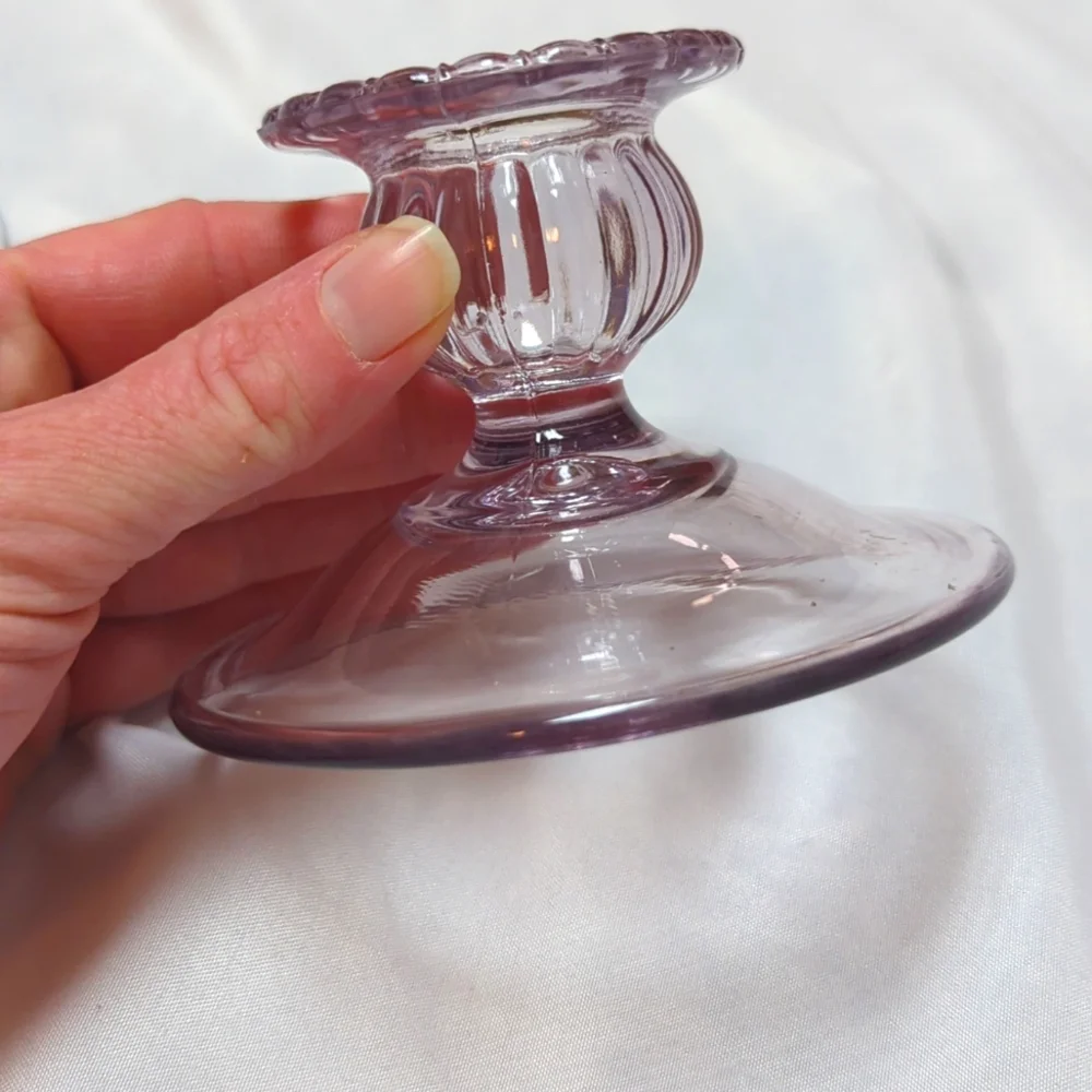 Set of 3 Pressed Glass Lavender Melon Tapered Candle Holders 3
